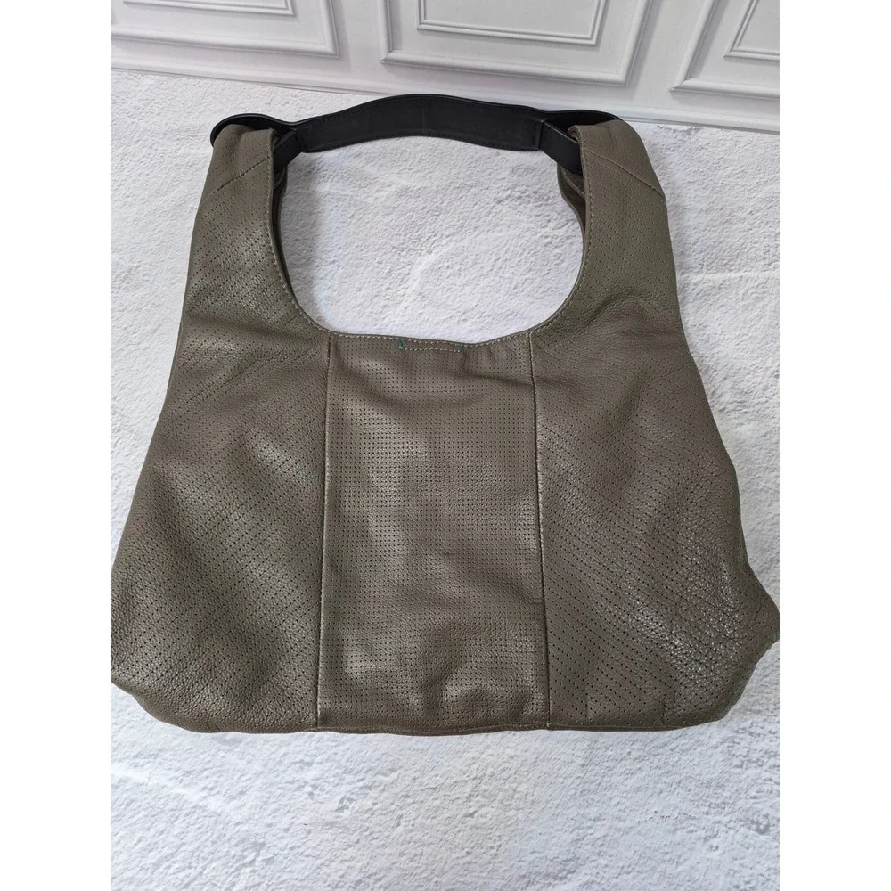 Splendid Hobo Bag Perforated Leather Shoulder Olive Taupe Slouchy Minimalist